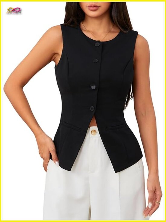 Jackets & Blazers - Sleeveless Blazer Vest Chic Minimal Business Formal Button Down Suit Top